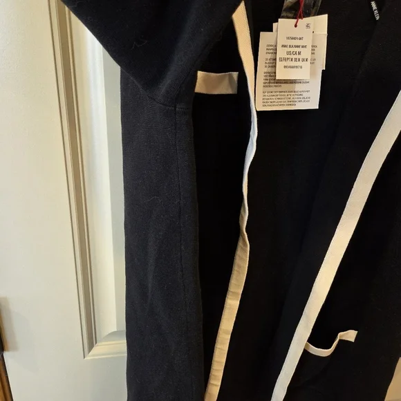 Anne KleinTipped Patch-Pocket Cardigan Women's Medium Black Open Front - Picture 7 of 15